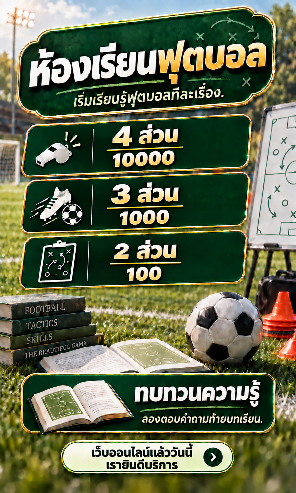 ห้องเรียนฟุตบอล ตาราง 4 ส่วน 10000, 3 ส่วน 1000 และ 2 ส่วน 100 พร้อมข้อความเว็บออนไลน์แล้ววันนี้ เรายินดีบริการ